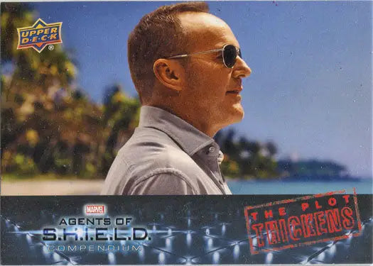 Trading card of Phil Coulson in sunglasses against a tropical backdrop for Plot Thickens Chase