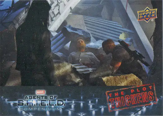 Trading card from Marvel Agents of S.H.I.E.L.D. featuring action scene, Plot Thickens Chase