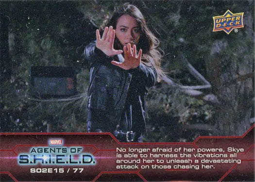 Marvel Agents of SHIELD Chase Card featuring a woman in a leather jacket, hands up defensively