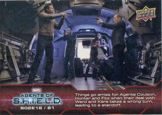 Trading card depicting action scene from Agents of S.H.I.E.L.D. in vehicle for chase card collection