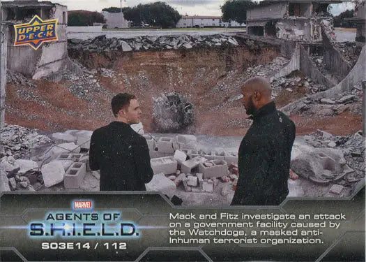 Trading card featuring two men in front of a demolished structure from Marvel Agents of SHIELD