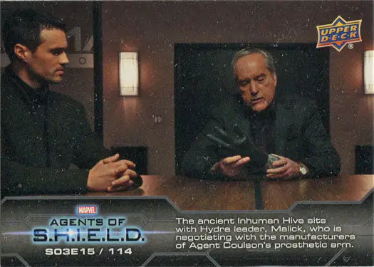 Trading card showcasing two men at a table in Marvel Agents of SHIELD Chase Card 114