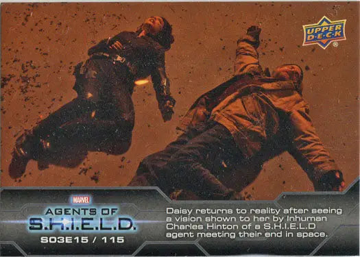 Trading card featuring two action figures in dynamic poses on orange background