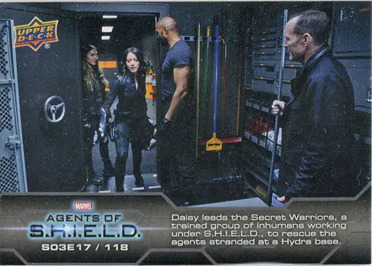 Trading card featuring a scene from Agents of S.H.I.E.L.D. in a dark room with equipment