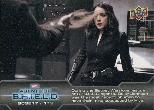 Woman with long dark hair in black outfit poses defensively on Marvel Agents of SHIELD chase card