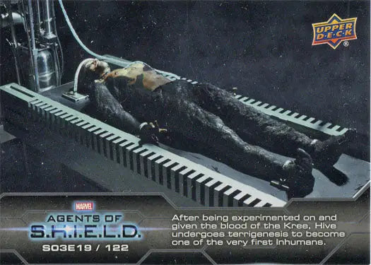 Humanoid figure on metallic surface in transformation featured in Marvel Agents of SHIELD Chase Card