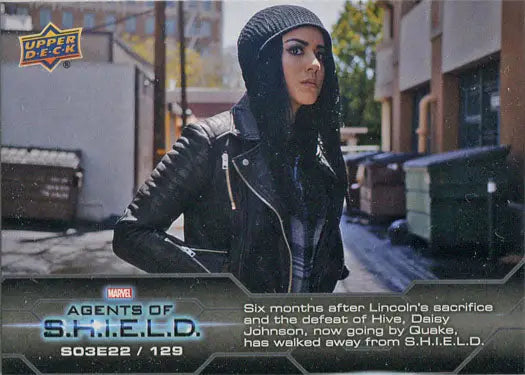 Marvel Agents of SHIELD Chase Card featuring woman in black leather jacket on city street