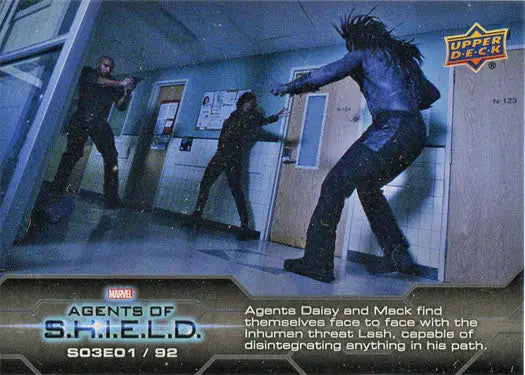 Trading card featuring action scene from Agents of S.H.I.E.L.D. in a hallway chase