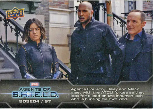 Chase card from Marvel Agents of SHIELD featuring three people on steps in dark jackets