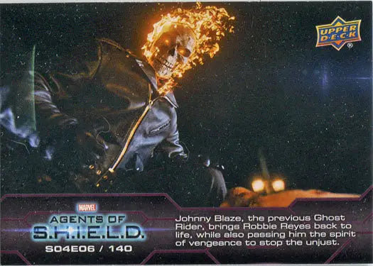 Flaming skull figure in dark jacket on motorcycle for Marvel Agents of SHIELD chase card