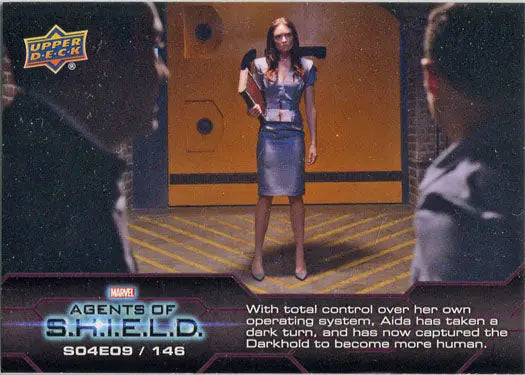 Trading card of a woman in blue skirt and white top, Marvel Agents of SHIELD Chase Card