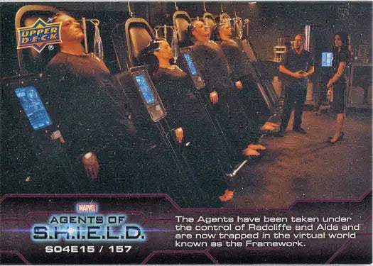 People in futuristic chairs with glowing screens in Marvel Agents of SHIELD chase card