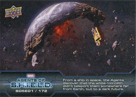 Planet breaking apart with debris and a spacecraft in Marvel Agents of SHIELD Chase Card