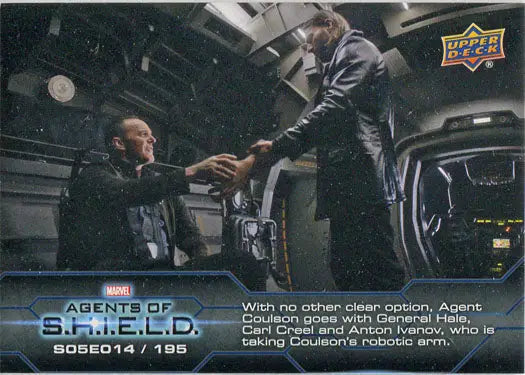 Trading card featuring Agents of S.H.I.E.L.D. scene in aircraft from Marvel Chase Card