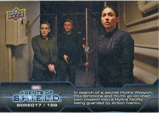 Three characters in dark clothing in a corridor, featured on Marvel Agents of SHIELD chase card