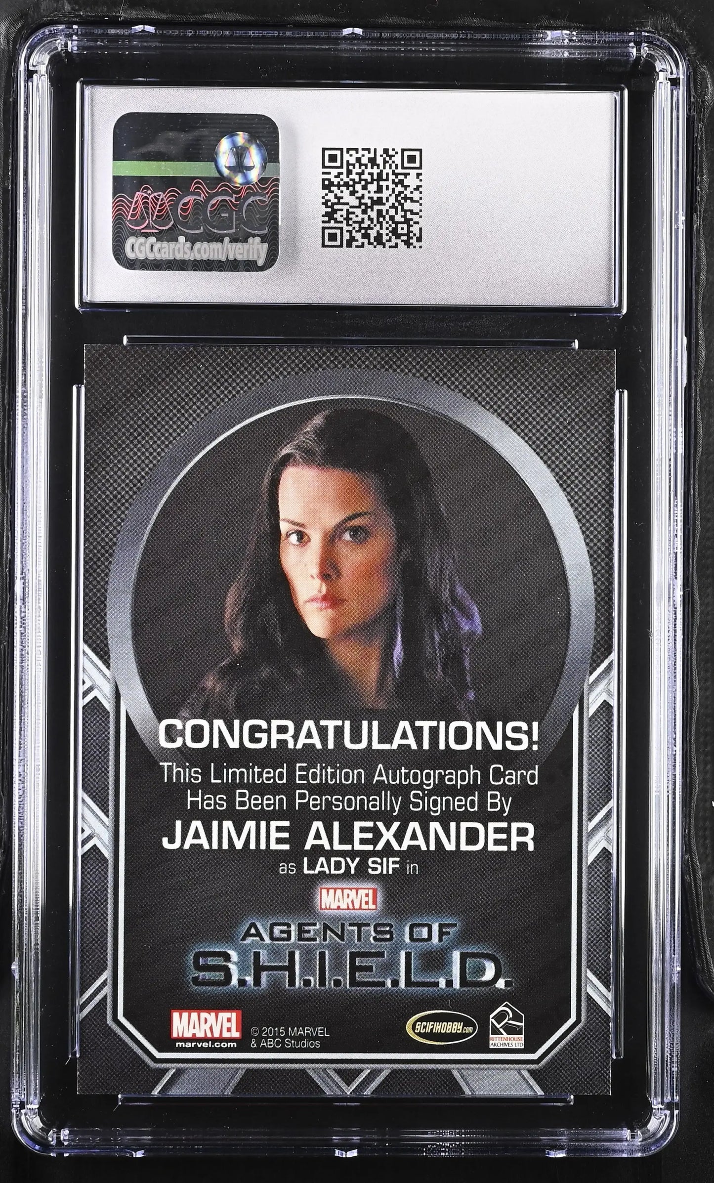 Graded CGC 9 Mint Autograph Card of Jamie Alexander from Shield Season in protective case