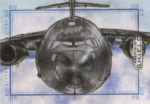 Military transport aircraft with bulbous nose in Marvel Agents of SHIELD sketch card