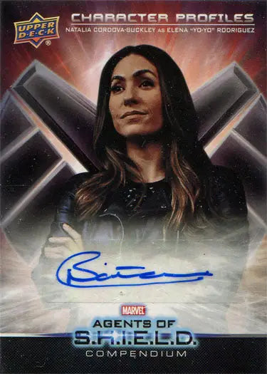 Autograph card featuring Natalia Cordova-Buckley from Marvel Agents SHIELD trading cards