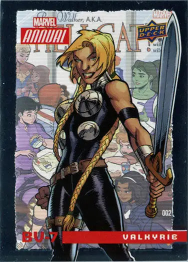 Blonde female superhero in black costume holding sword from Marvel Annual 2016 Base Variant