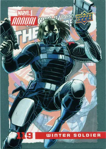 Masked armored figure in action pose on Marvel Annual 2016 Short Print Chase Card