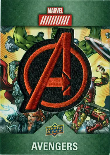 Red A logo patch for the Avengers surrounded by vibrant superhero artwork