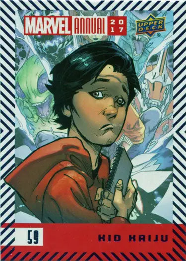 Comic book trading card of Kid Kaiju in red outfit, Marvel Annual 2017 Purple Parallel