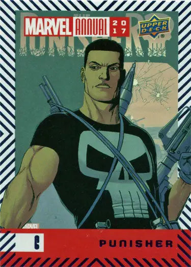 Comic book trading card featuring muscular Punisher in purple parallel design