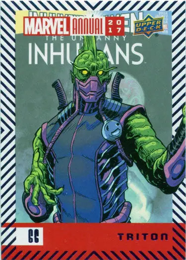 Purple parallel trading card of Triton, the Inhuman with green scaly skin and gills