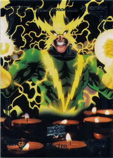 Costumed Electro figure with yellow energy bolts on Marvel Annual 2017 Memorium Chase Card