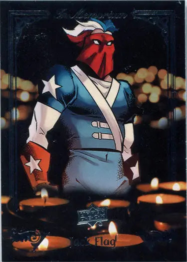 Red-skinned cartoon character in American costume beside candles for Memorium Chase Card