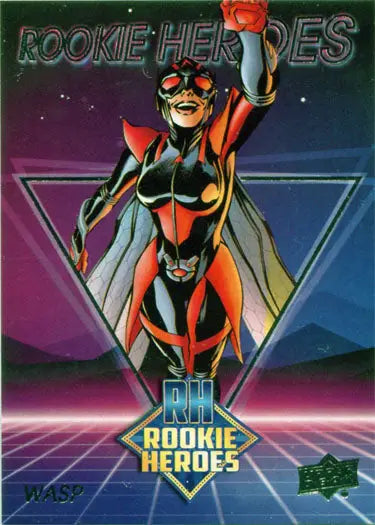 Superhero trading card of Wasp, a rookie heroes chase character with raised fist