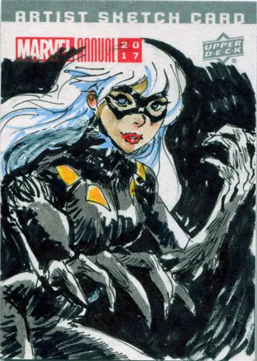 Sketch card from Marvel Annual 2017 featuring a superhero with white hair and black costume