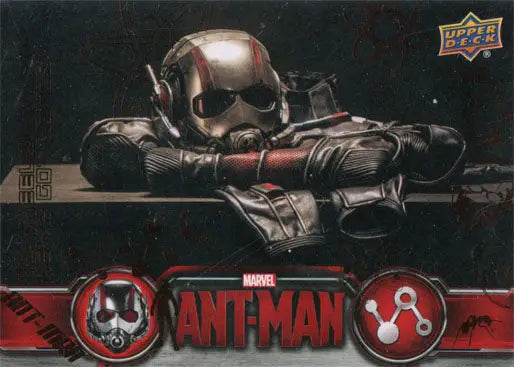 Superhero in dark high-tech suit with helmet on Marvel Ant-Man Bronze Base Parallel Chase Card