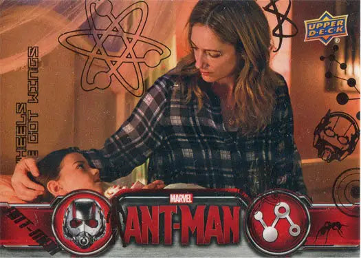 Trading card of Ant-Man movie scene, featuring a woman comforting a child, bronze base parallel