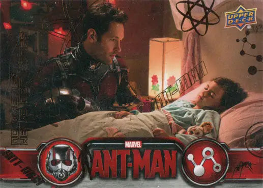 Superhero in high-tech suit interacts with child for Marvel Ant-Man Bronze Base Parallel Chase Card