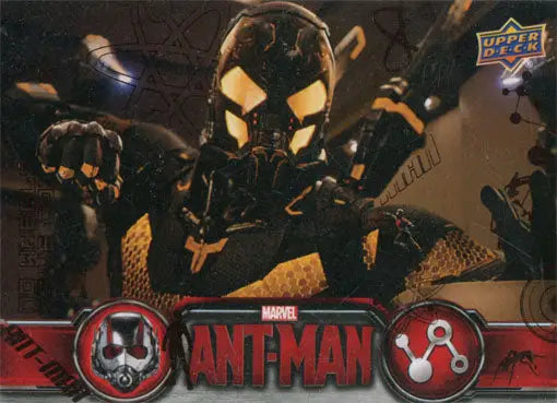 Menacing figure in black and gold armor with glowing eyes on Marvel Ant-Man Bronze Base Parallel Chase Card