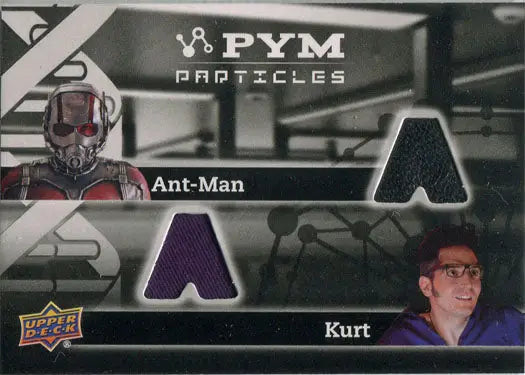 Trading card featuring Ant-Man and Kurt with costume fabric swatches from Marvel series