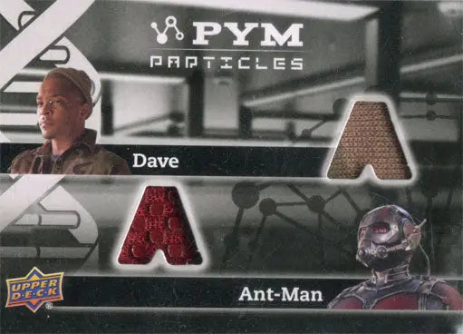 Ant-Man trading card showcasing characters with fabric swatches from memorabilia