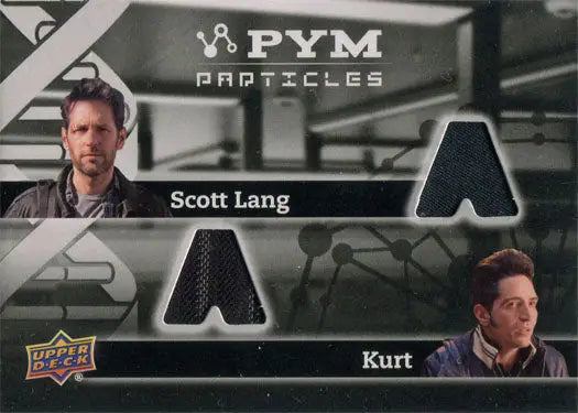 Trading card showcasing Scott Lang and Kurt with costume fabric swatches from Ant-Man