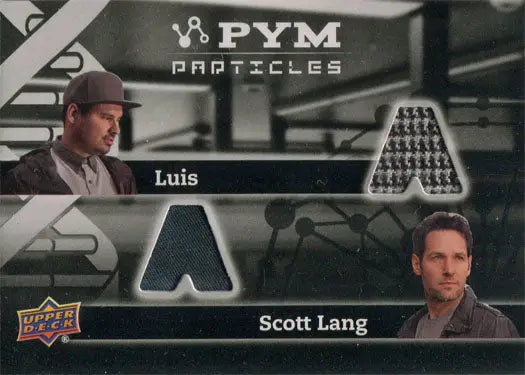 Trading card featuring Scott Lang and Luis with costume fabric swatches from Ant-Man