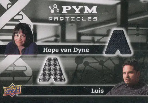 Trading card featuring Hope van Dyne and Luis with costume fabric swatches from Ant-Man