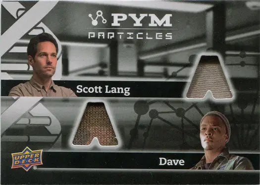 Trading card of Scott Lang and Dave with costume fabric swatches from Ant-Man movie