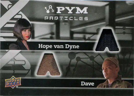 Trading card featuring Hope Van Dyne and Dave with costume fabric swatches from Ant-Man