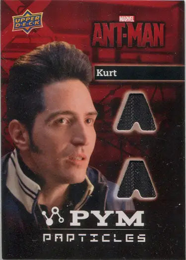 Trading card of Kurt from Marvel Ant-Man with PYM PARTICLES fabric swatches