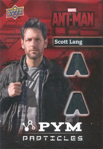 Trading card featuring Scott Lang from Ant-Man with PYM PARTICLES and costume swatches