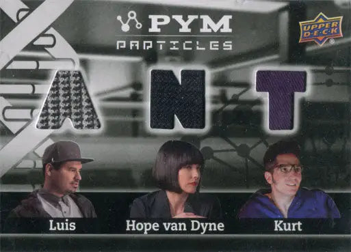 Trading card of Luis, Hope, and Kurt from Ant-Man with character names listed below