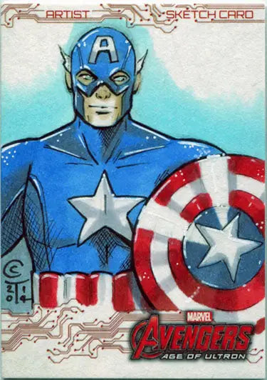 Superhero in blue with star shield on Marvel Avengers Age of Ultron Sketch Card by Collette Turner