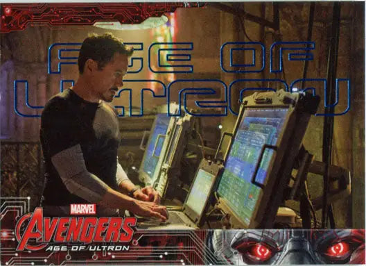 Man using blue foil computer interfaces in high-tech Marvel Avengers trading cards