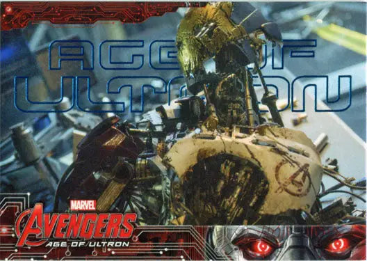 Robotic figure with glowing red eyes on Marvel Avengers blue foil trading card