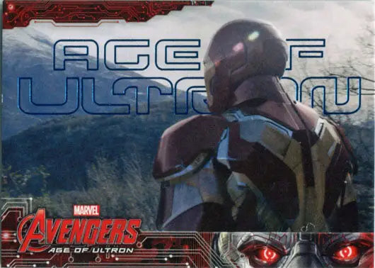 Armored superhero figure with metallic suit on Marvel Avengers Age of Ultron blue foil trading card